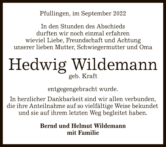 Anzeige von Hedwig Wildemann von Reutlinger General-Anzeiger