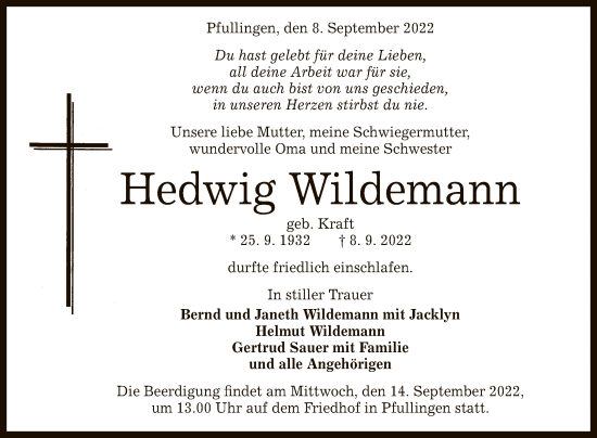Anzeige von Hedwig Wildemann von Reutlinger General-Anzeiger
