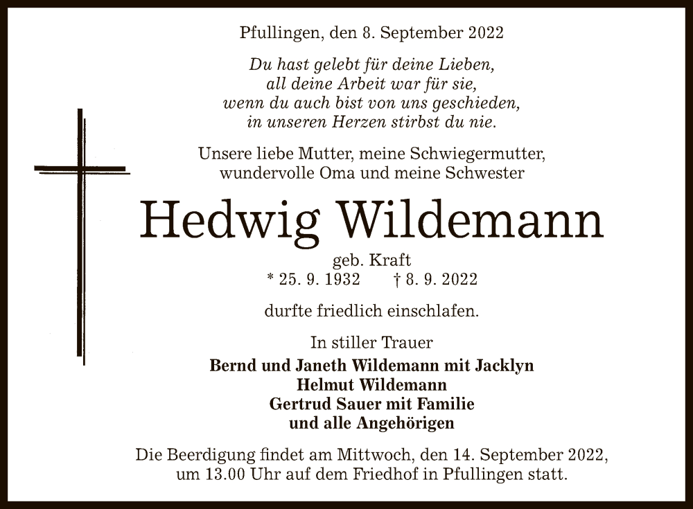  Traueranzeige für Hedwig Wildemann vom 10.09.2022 aus Reutlinger General-Anzeiger