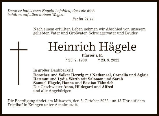 Anzeige von Heinrich Hägele von Reutlinger General-Anzeiger