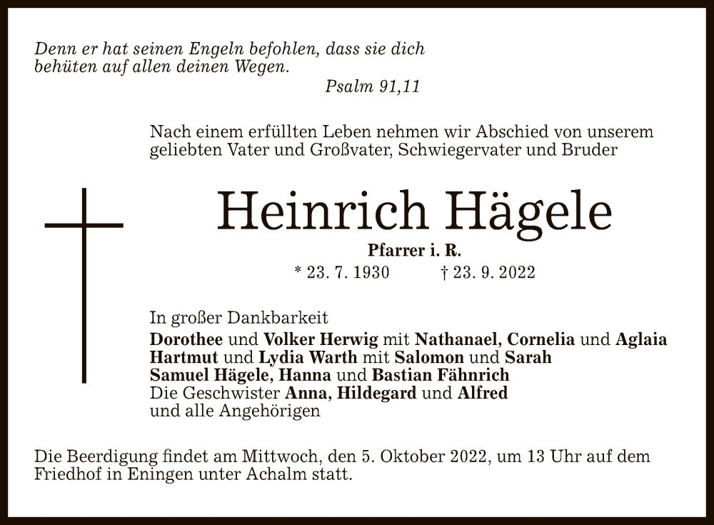  Traueranzeige für Heinrich Hägele vom 28.09.2022 aus Reutlinger General-Anzeiger