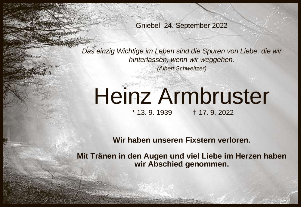  Traueranzeige für Heinz Armbruster vom 24.09.2022 aus Reutlinger General-Anzeiger