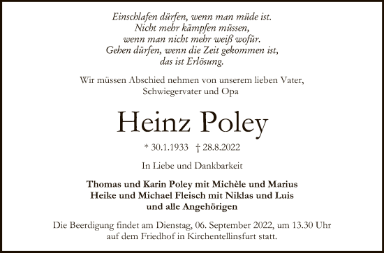 Anzeige von Heinz Poley von Reutlinger General-Anzeiger