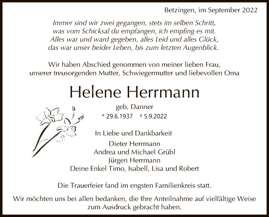 Anzeige von Helene Herrmann von Reutlinger General-Anzeiger