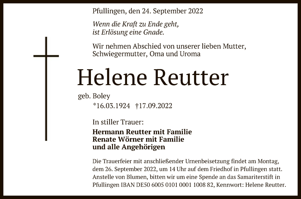  Traueranzeige für Helene Reutter vom 24.09.2022 aus Reutlinger General-Anzeiger
