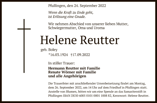 Anzeige von Helene Reutter von Reutlinger General-Anzeiger