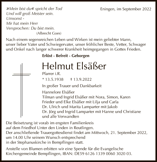 Anzeige von Helmut Elsäßer von Reutlinger General-Anzeiger