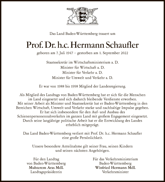 Anzeige von Hermann Schaufier von Reutlinger General-Anzeiger