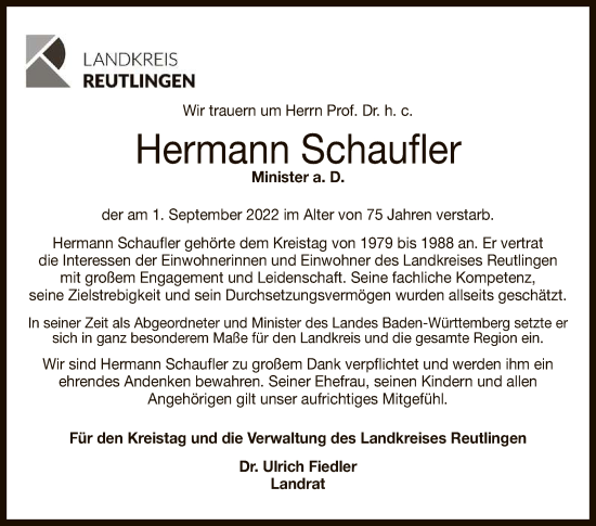Anzeige von Hermann Schaufler von Reutlinger General-Anzeiger