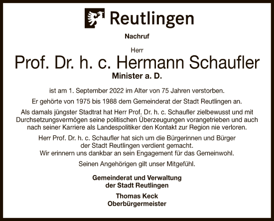 Anzeige von Hermann Schaufler von Reutlinger General-Anzeiger