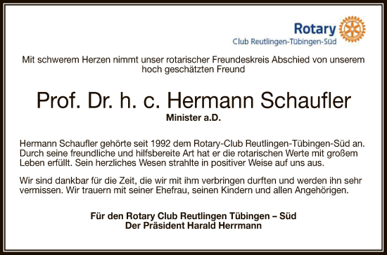 Anzeige von Hermann Schaufler von Reutlinger General-Anzeiger