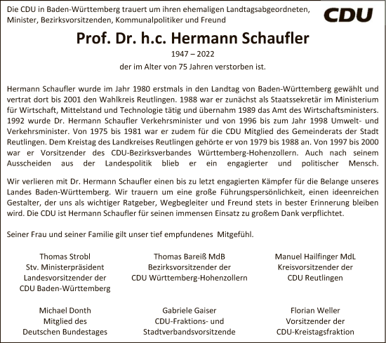 Anzeige von Hermann Schaufler von Reutlinger General-Anzeiger