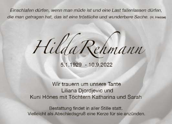 Anzeige von Hilda Rehmann von Reutlinger General-Anzeiger