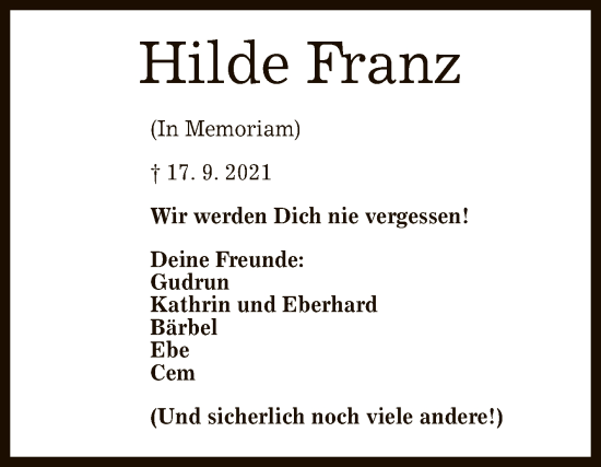 Anzeige von Hilde Franz von Reutlinger General-Anzeiger