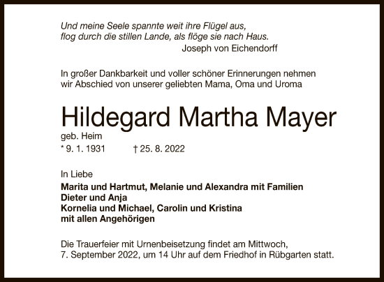 Anzeige von Hildegard Martha Mayer von Reutlinger General-Anzeiger