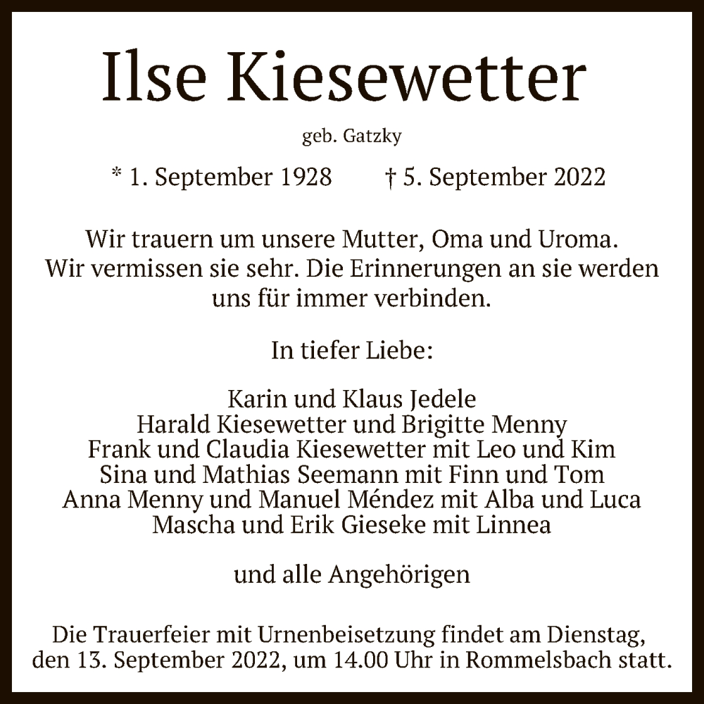  Traueranzeige für Ilse Kiesewetter vom 10.09.2022 aus Reutlinger General-Anzeiger