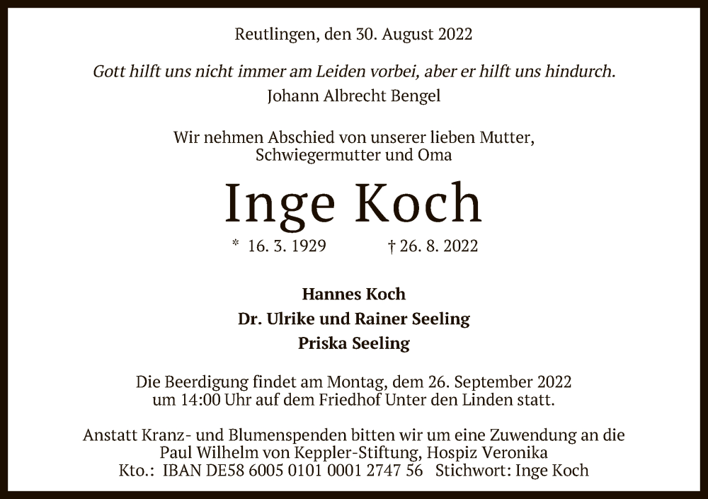  Traueranzeige für Inge Koch vom 03.09.2022 aus Reutlinger General-Anzeiger