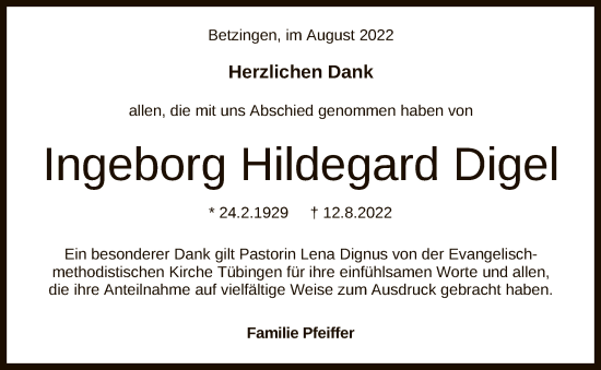 Anzeige von Ingeborg Hildegard Digel von Reutlinger General-Anzeiger