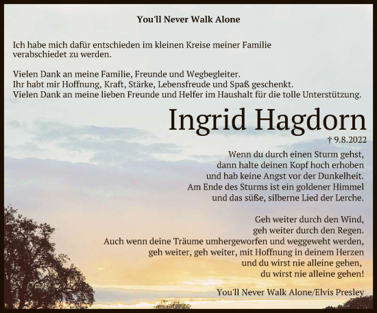 Anzeige von Ingrid Hagdorn von Reutlinger General-Anzeiger