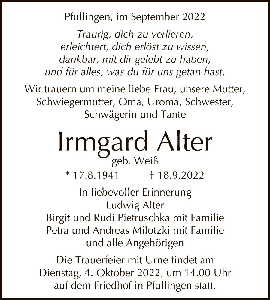  Traueranzeige für Irmgard Alter vom 24.09.2022 aus Reutlinger General-Anzeiger