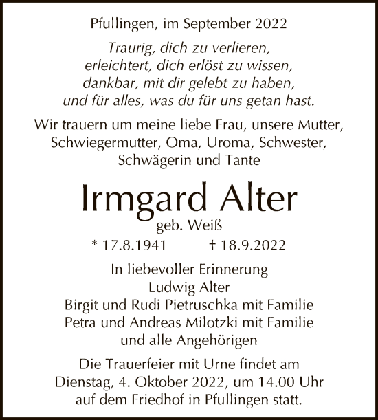 Anzeige von Irmgard Alter von Reutlinger General-Anzeiger