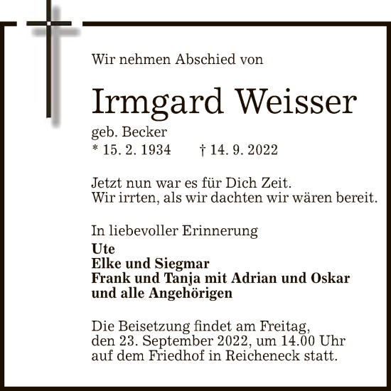 Anzeige von Irmgard Weisser von Reutlinger General-Anzeiger