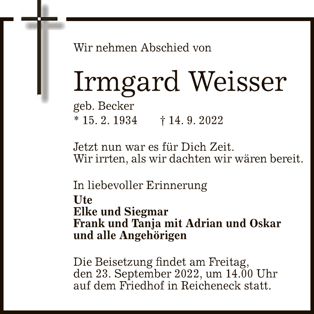  Traueranzeige für Irmgard Weisser vom 20.09.2022 aus Reutlinger General-Anzeiger