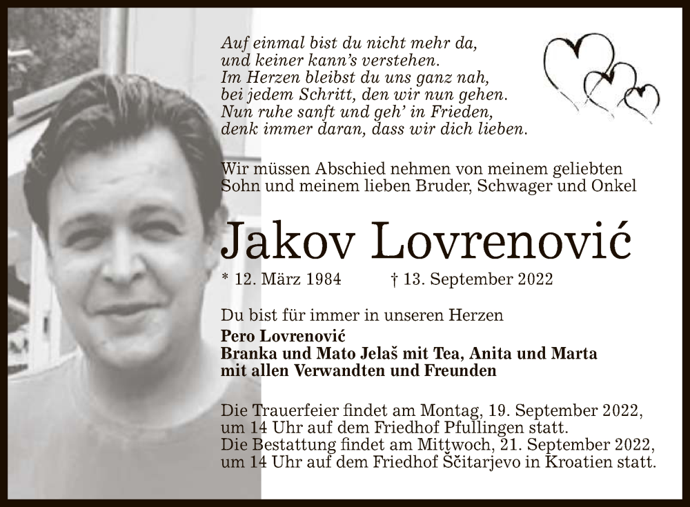  Traueranzeige für Jakov Lovrenovic vom 17.09.2022 aus Reutlinger General-Anzeiger