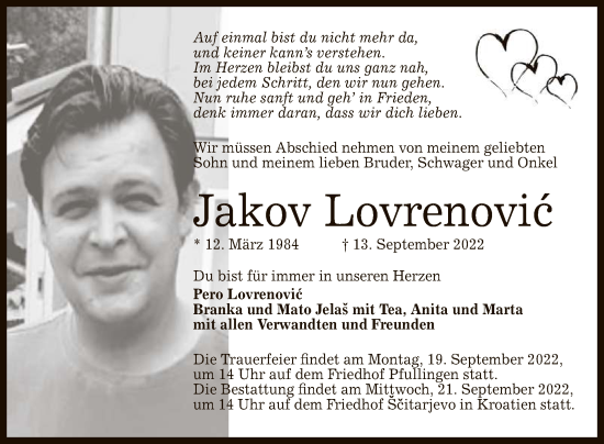 Anzeige von Jakov Lovrenovic von Reutlinger General-Anzeiger
