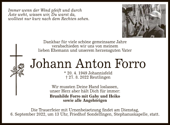 Anzeige von Johann Anton Forro von Reutlinger General-Anzeiger