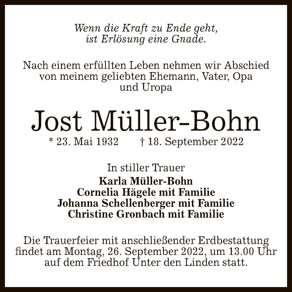  Traueranzeige für Jost Müller-Bohn vom 24.09.2022 aus Reutlinger General-Anzeiger