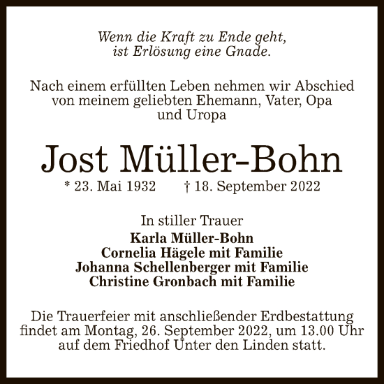 Anzeige von Jost Müller-Bohn von Reutlinger General-Anzeiger