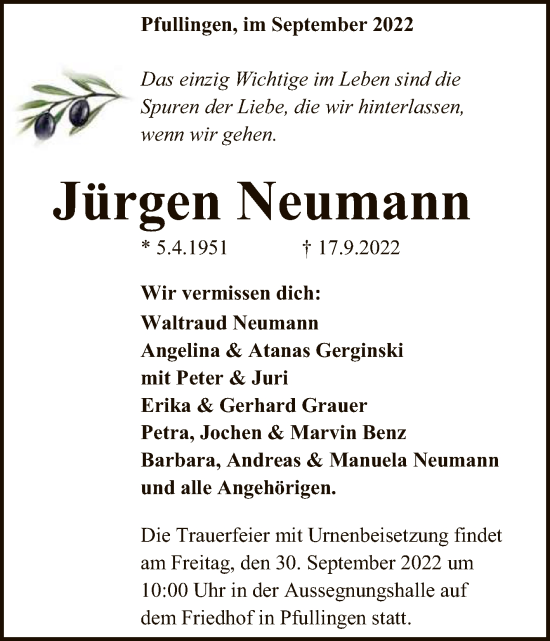 Anzeige von Jürgen Neumann von Reutlinger General-Anzeiger