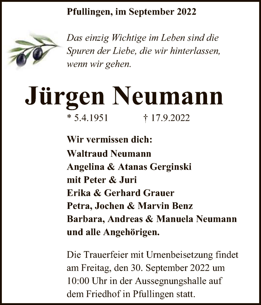  Traueranzeige für Jürgen Neumann vom 24.09.2022 aus Reutlinger General-Anzeiger