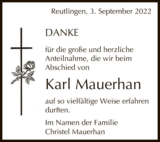Anzeige von Karl Mauerhan von Reutlinger General-Anzeiger
