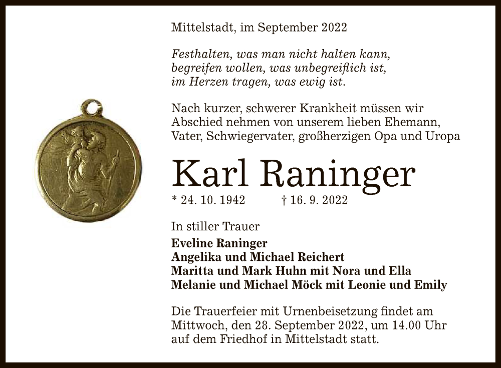  Traueranzeige für Karl Raninger vom 24.09.2022 aus Reutlinger General-Anzeiger