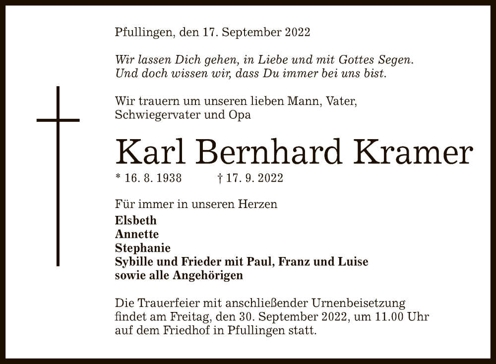 Traueranzeige für Karl Bernhard Kramer vom 26.09.2022 aus Reutlinger General-Anzeiger