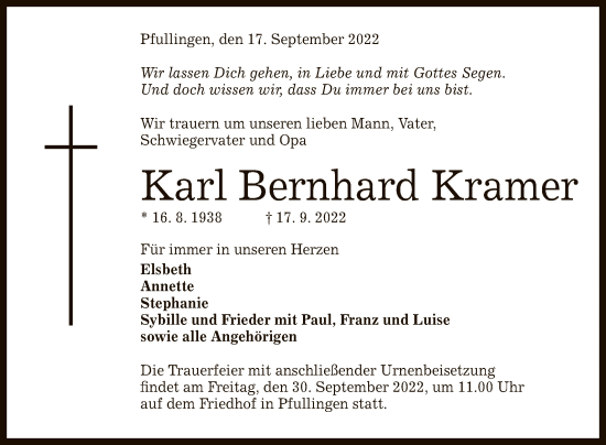 Anzeige von Karl Bernhard Kramer von Reutlinger General-Anzeiger