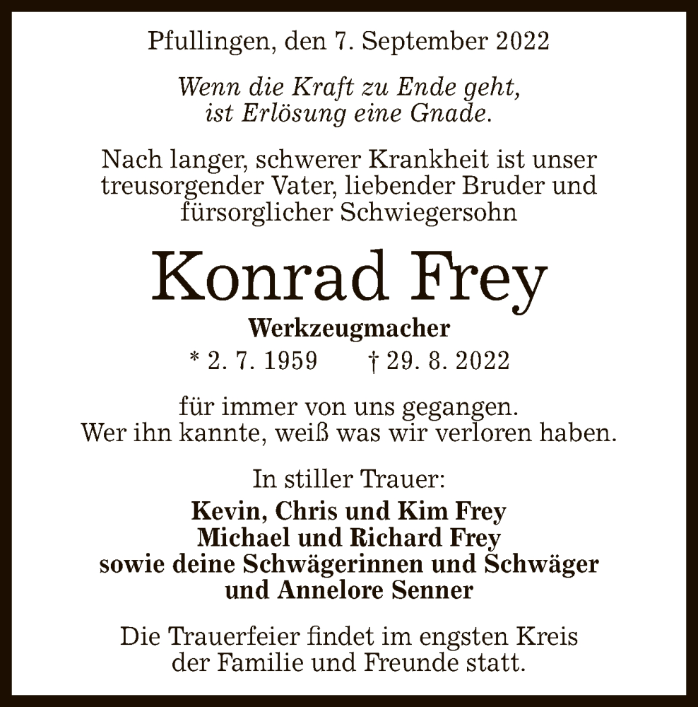  Traueranzeige für Konrad Frey vom 07.09.2022 aus Reutlinger General-Anzeiger