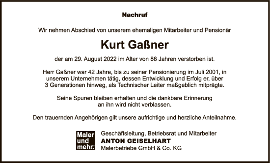 Anzeige von Kurt Gaßner von Reutlinger General-Anzeiger