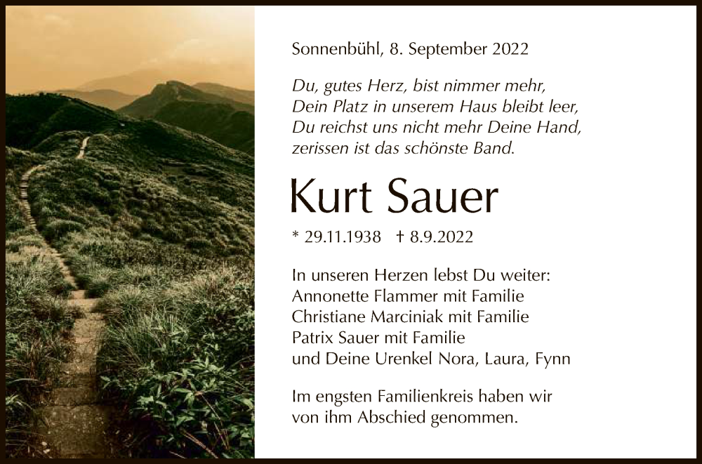  Traueranzeige für Kurt Sauer vom 28.09.2022 aus Reutlinger General-Anzeiger