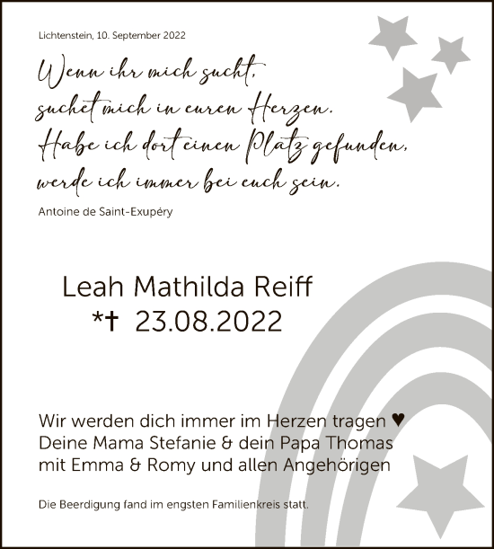 Anzeige von Leah Mathilda Reiff von Reutlinger General-Anzeiger