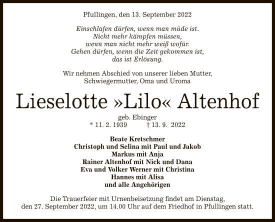 Anzeige von Lieselotte Altenhof von Reutlinger General-Anzeiger