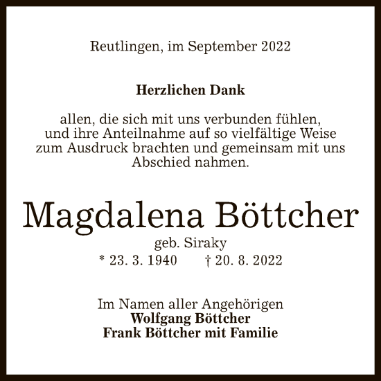Anzeige von Magdalena Böttcher von Reutlinger General-Anzeiger