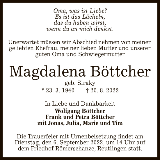Anzeige von Magdalena Böttcher von Reutlinger General-Anzeiger
