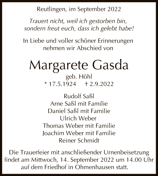 Anzeige von Margarete Gasda von Reutlinger General-Anzeiger