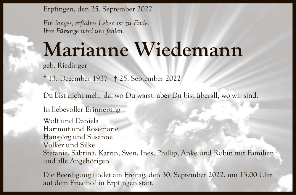  Traueranzeige für Marianne Wiedemann vom 28.09.2022 aus Reutlinger General-Anzeiger