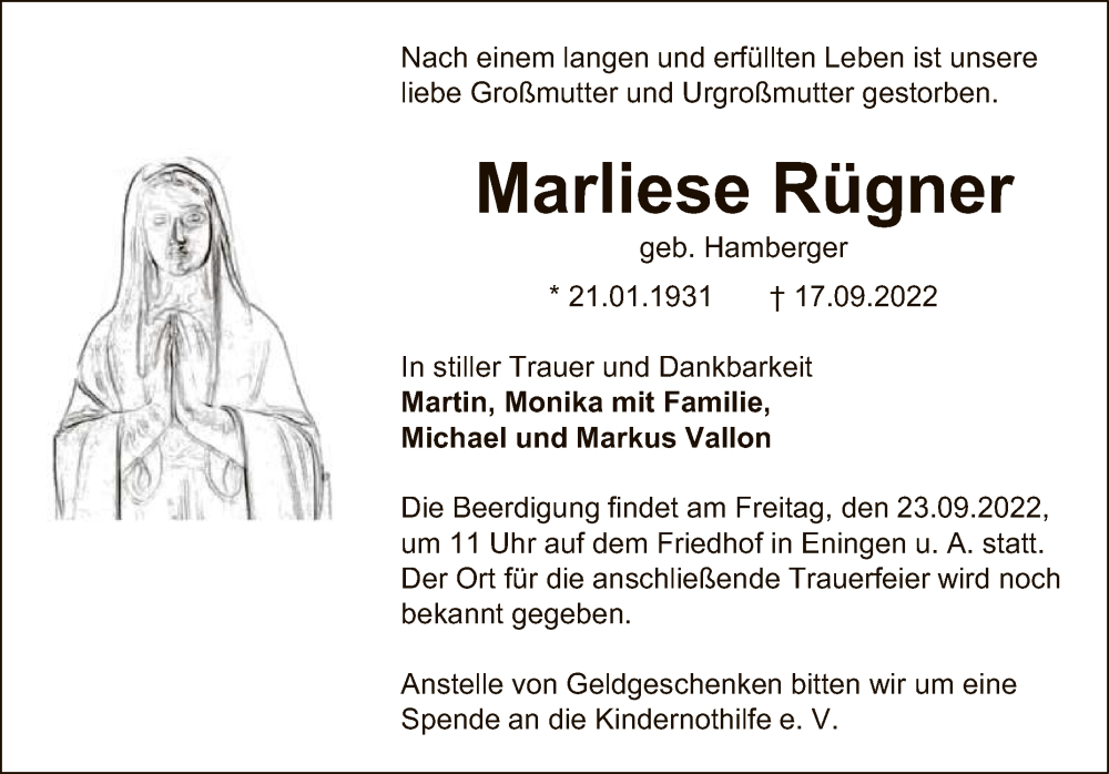  Traueranzeige für Marliese Rügner vom 21.09.2022 aus Reutlinger General-Anzeiger