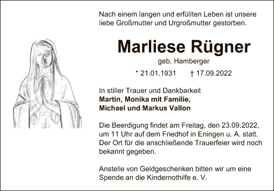 Anzeige von Marliese Rügner von Reutlinger General-Anzeiger