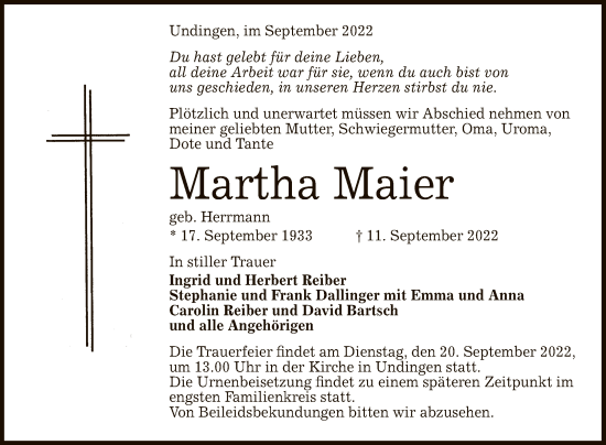 Anzeige von Martha Maier von Reutlinger General-Anzeiger